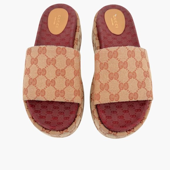 Gucci Angelina Platform Slide Sandals EU 39 US 9 Beige GG Monogram Logo Canvas - Picture 3 of 11